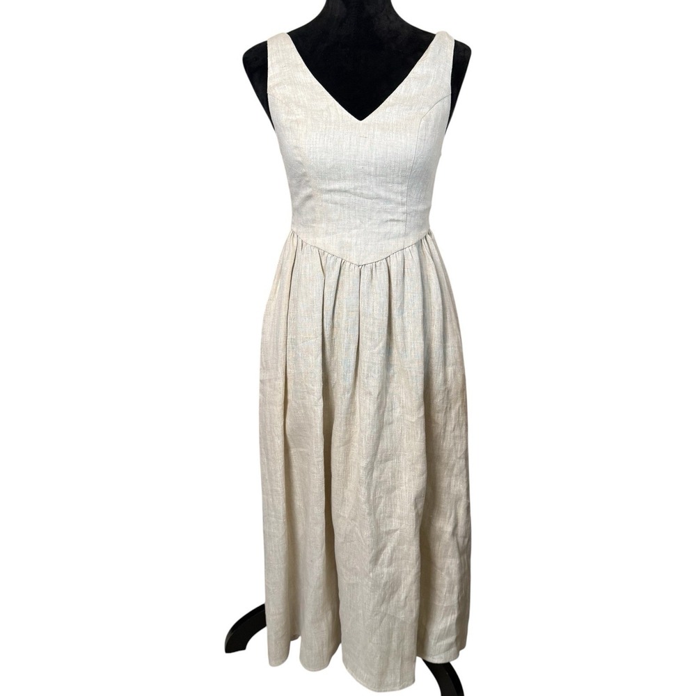 Sofie The Label Linen Midi Dress XS Beige Sleeveless V Neck Cottagecore Natural